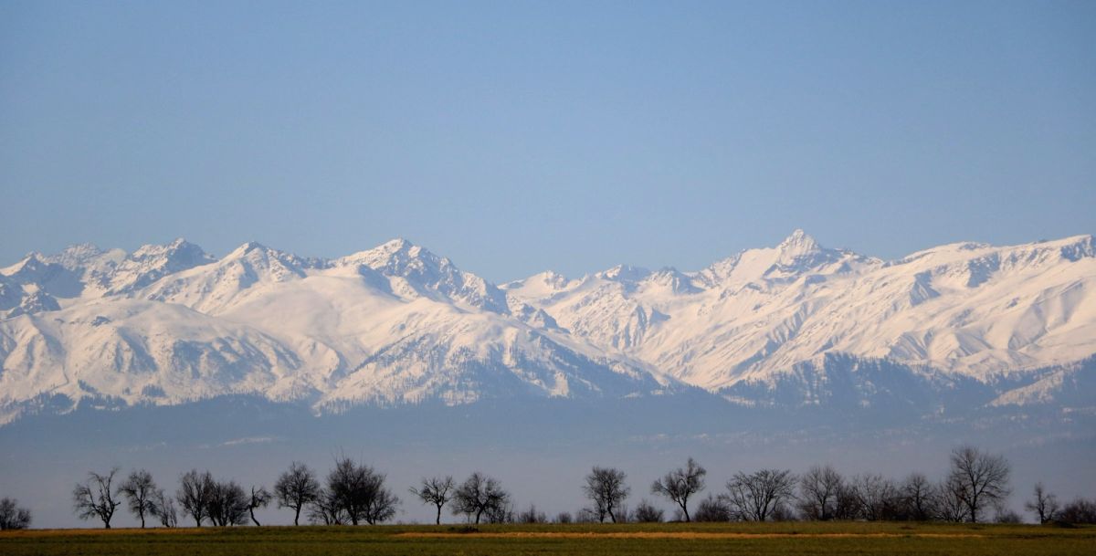 A view of snow covered Gulmarg range as seen from Pampore of Jammu and Kashmir.