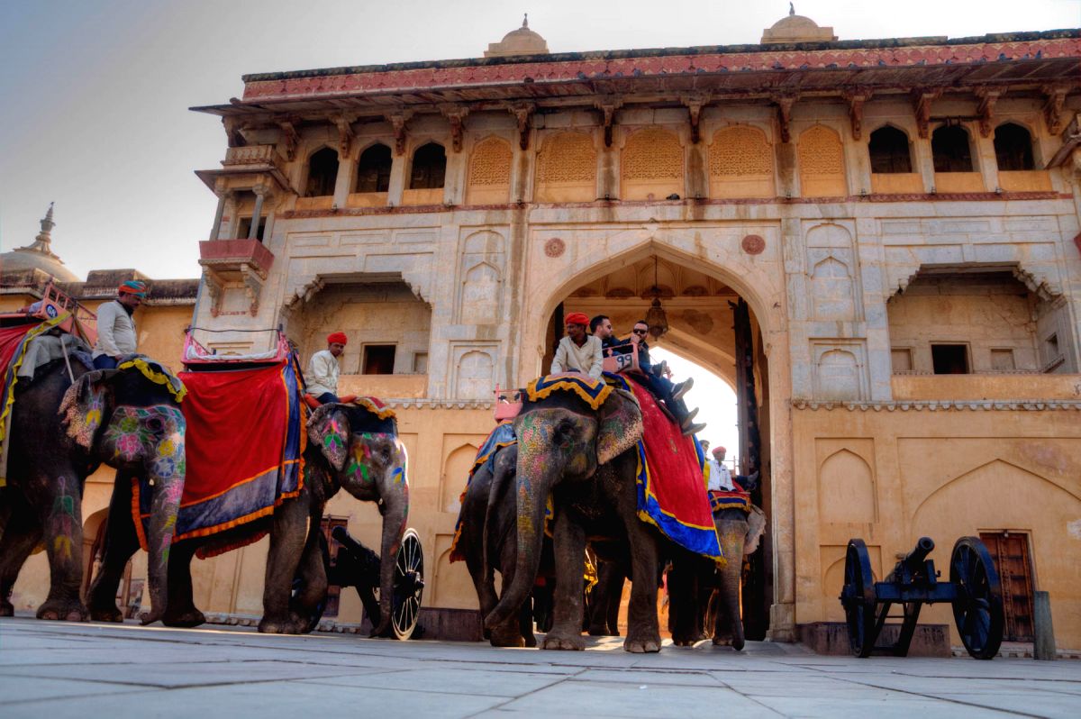 Tourists taking elephant rides in the Amber Fort