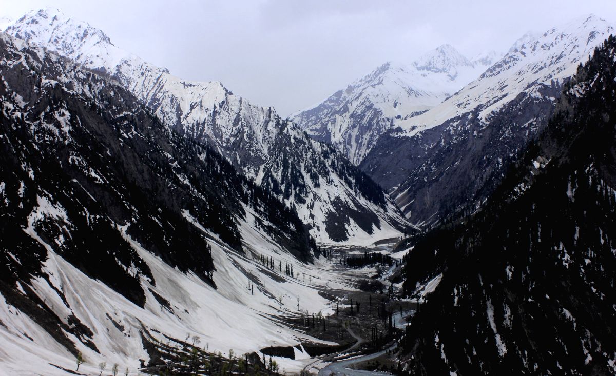 A view of snow-covered mountain in Baltal, Sonamarg on the way to Amarnath in Ganderbal district of Jammu and Kashmir.