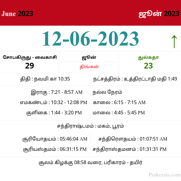 Daily Tamil Calendar June 12, 2023